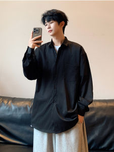 Early Autumn Black Long Sleeve Casual Loose Fit Mens Shirt Vintage Style Commute Outerwear Simple Design Youth Fashion