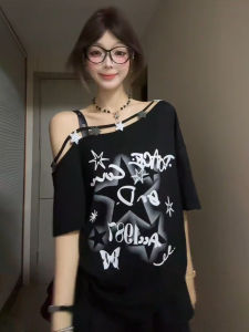 Sweet Cool Shoulder Bared Short Sleeve Womens T Shirt Casual Streetwear Korean Style Printed Loose Fit Summer Top