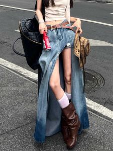 สูง เอว ทรงเอ มินิเดรส American Retro Hot เด็กผู้หญิง ยาว กางเกงยีนส์ กระโปรง ผู้หญิง ดีไซน์ Sense Slim ผ่าชายสูง ครึ่งความยาว กระโปรง