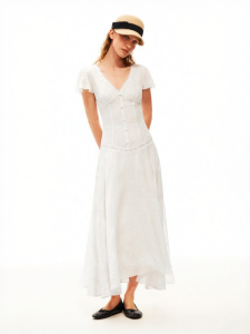 Heavy Embroidery Flared Sleeve V-Neck Waist Cinching Vacation Long Dress