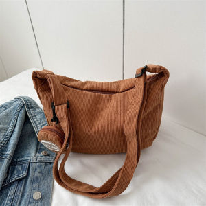 Trendy Shoulder Bag Womens Ins Japanese Style Corduroy Student Class Commute Versatile Large Capacity Crossbody Tote Bag