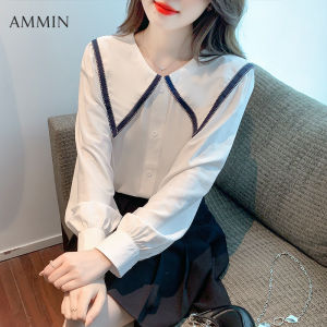 AMMIN Áo Voan Cổ Búp Bê Dễ Phối Khí Chất Thời Trang Phong Cách Hàn Quốc Áo Voan Tay Phồng Phong Cách Hải Quân Dài Tay Mùa Thu Mới Cho Nữ