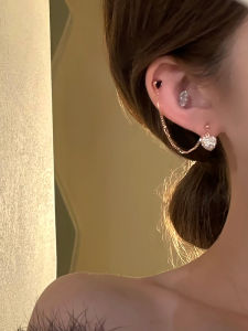 Elegant Tassel Color Block Heart Shaped Double Piercing Ear Cuff Integrated Fashion Jewelry for Women Fresh out New Style