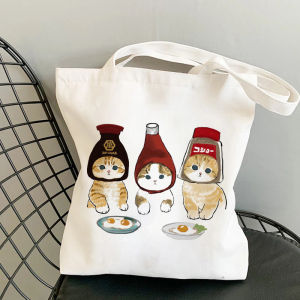 Large Capacity Canvas Tote Bag Womens Handbag Cartoon Cat Print Casual Shoulder Bag Fashionable Japanese Style Shopping Bag
