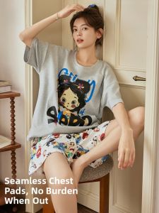 MiiOW | Pure Cotton Sleepwear Set With Chest Pad Womens Summer Thin Short Sleeve Shorts Cute Cartoon Home Clothes Outdoor Wearable