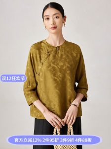 เสื้อยืดผู้หญิงแขนสั้นคอตั้งสไตล์จีนใหม่ ผ้าไหมมัลเบอร์รี่ ทรงหลวม ปกติ ฤดูร้อน 2024 จีน