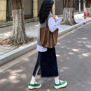 High Waist A-Line Denim Skirt Womens New Autumn Style Deep Blue Back Split Hip Covering Pear Shape Casual Commute Korean Version