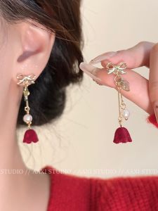Red Velvet Earring Long Stylish French Flower Design No-Piercing Clip-On Jewelry for Women in Alloy Silver Gold Plated