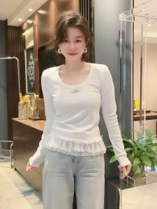 White Long Sleeve T-Shirt Base Shirt Womens Spring New Korean Style Inner Design Lace Splicing Top Ladies round Neck Tee
