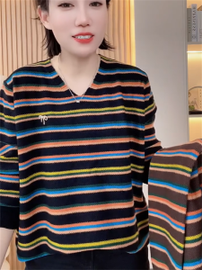Spring Autumn Rainbow Stripes Knitted Sweater Womens Loose V-Neck Overhead Fashionable Korean Style Long Sleeve Butterfly Knot