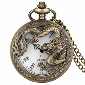 Classic Vintage Pocket Watch Fashion Hollow Carving Chinese Dragon Roman Numerals Dial Necklace Gift