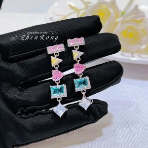 Luxurious Long Dangle Earrings Colorful Gemstone Micro-Pavé Diamond Sparkling Tassel Studs for Women Fresh out Fashion Jewelry