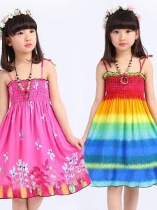 Fashionable Summer Childrens Dress Girls Beach Skirt mid Waist Floral Print PU Material Kids Princess Dress