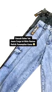 CELANA JEANS PINGGANG ELASTIS KULOT KANTONG CARGO WANITA DEWASA TERLARIS