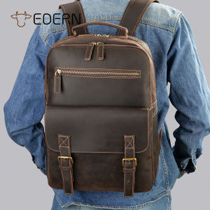 EDERN Retro Crazy Horse Leather Backpack for Men Outdoor Travel Backpack Large Capacity Cowhide Schoolbag 15-inch Laptop Bag Male Shoulder Bag