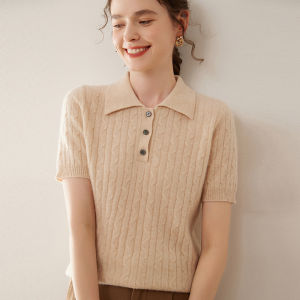 ZHENRONGDAO | Polo Collar Cashmere Short Sleeve Womens Knitted Sweater Spring Autumn New Style Inner Wear Top Casual Comfortable Loose Fit