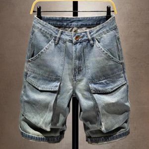 High-End Mens Denim Shorts Summer American Washed Loose Multi-Pocket Casual Straight Leg Jeans mid Waist Zipper Fly Cotton