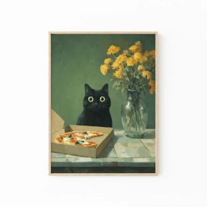 Whimsical Black Cat Wall Art – Funny Kitchen  Cute Cat Illustration Print Playful Food Lover Poster for Home & Dining Roo