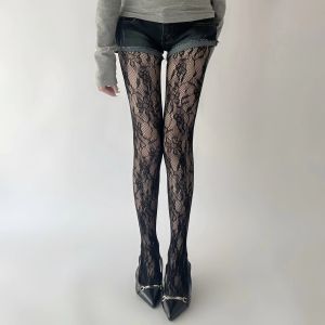 ถุงน่องลายดอกไม้รูปแบบ Fishnet Tights JK Bow Lolita ผู้หญิงเซ็กซี่บางใหม่ Pantyhose สีดํา Breathable Fishnet ถุงน่อง