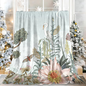 Beast Kingdom | Chinoiserie Egret Floral Moth Flannel Blanket Soft Fuzzy Plush Cozy Warm Throw for Sofa Bed Couch Home Decor