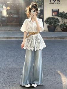 LIRUSHAN | Popular White Short Sleeve Lace Shirt