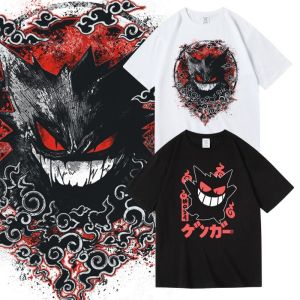 Bandai | Pokemon Gengar Printed Peripheral Clothing Pure Cotton Round-neck Short-sleeved T-shirt for Men and Women Suitable for Summer