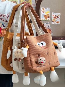 กระเป๋าสะพายไหล่ผ้าคอร์ดูรอยลายการ์ตูนน่ารักสำหรับผู้หญิง กระเป๋าสะพายข้างแบบสะพายข้าง กระเป๋าเป้สะพายหลังแบบน่ารักสำหรับเด็กผู้หญิงในฤดูใบไม้ร่วงและฤดูหนาว