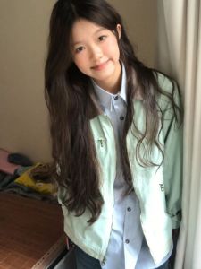 Mint Green Workwear Jacket Womens Autumn Winter Flip-Collar Cardigan Coat Couples Versatile Trendy Long Sleeve Zipper