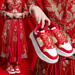Wedding Shoes Women 2024 New Thick Bottom Heightening Engagement Show Heel Marriage Process Chinese Red Board Shoes Comfortable Cross Buckle Stitching Increase Height Wedding Ceremony Shoes
