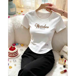 V.C.I | White Regular-Shoulder Short Sleeve Top 2026 New Style Asymmetric Hem Letter Print