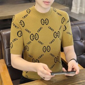 HENGYUANXIANG | Mens Knitted Short Sleeve Sweater Thickened Half Sleeve T-Shirt Base Shirt Autumn Winter Fashionable City Style Geometric Pattern