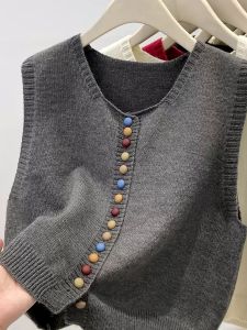 Gray Knitted Button-Up Sweater Vest Womens Fashion Spring Autumn Winter Chic Layering Cardigan Sweater Quality Material