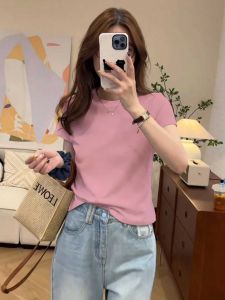Pink Slim Fit Cotton T-Shirt Womens Summer New Style Fashionable Versatile Short Sleeve round Neck Top Korean Style Commute