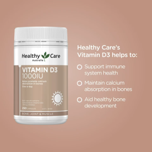 Australia Healthy Care Vitamin D3 1000IU 250 Capsules 澳洲维生素 D3 促进钙吸收 强健骨骼 补钙搭档【Exp:Aug-2028】