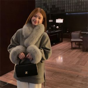 Áo Khoác Len Thời Trang Hàn Quốc Dành Cho Nữ Mùa Đông Dày Dặn Ấm Áp Dài Buộc Dây Có Thắt Lưng Cổ Lông Cáo Trơn Kiểu Giản Dị