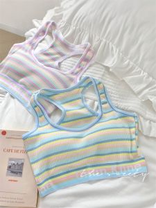 Neon Girl Rainbow Stripes Sports Bra Vest Womens Integrated Bra Pad Large Chest Appears Small Chest Gathered Cotton Sweet Style