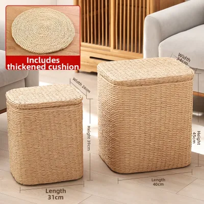 Rattan Woven Multi-Functional Solid Wood Storage Stool Living Room Seatable Storage Baskets Home Entrance Shoe Changing Stool