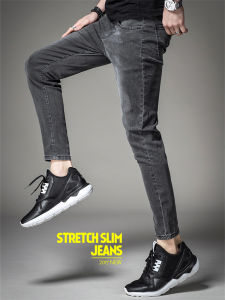 High Elasticity Mens Jeans Slim Fit Nine Point Pants Spring Autumn Fashion Cotton Polyester Blend Youthful Style Elastic Waist