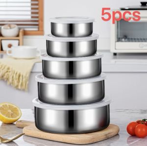YESPERY 5Pcs Fresh-keeping Bowl Set Stainless Steel Multipurpose Sealed Bowls for Kitchen Food Storage Round with Lid 10/12/14/16/18cm