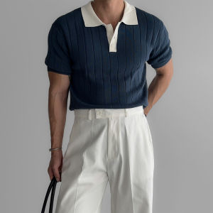 DAVID&ME | Contrast Color Vertical Stripe Mens Knit Polo Shirt Summer New Arrival Light Sophisticated Office Casual