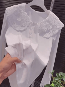 Sweet Slimming White Lace Doll Collar Long Sleeve T-Shirt Womens Fashionable Base Layer Shirt Breathable Comfortable Casual Top
