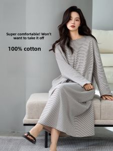 MiiOW | Pure Cotton Breathable Womens Nightgown Lazy Style Casual Summer Dress Home Clothes Comfortable Long Sleeve Round Neck Dress