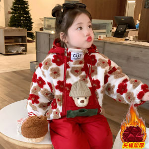 เสื้อสเวตเตอร์ผ้าขนแกะหนาสำหรับเด็กผู้หญิงในฤดูหนาว ชุดเสื้อสเวตเตอร์คริสต์มาสแบบมีฮู้ด แขนยาว ปกคอกลม ชุดสองชิ้น