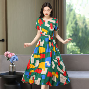 Elegant Cotton Silk Floral Long Dress Womens Summer Short Sleeve High End with Pocket Moms Dress Big Swing Skirt