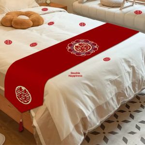 New 2025 Chinese Style Bed Flag Embroidered Wedding Bed Cover Curtain Decorative Stripe Cloth for Marriage Bedroom Arrangement