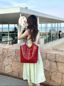 Red Wedding Tote Bag Womens Loose Feeling Rivet Luxury Summer Handbag Soft Polyester Lining Double Strap Korean Style Bag