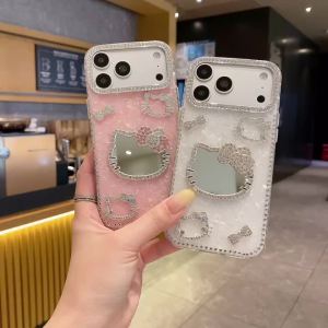 Sanrio | Y2K Glitter Diamond Hello Kitty Makeup Mirror Phone Case For iPhone 17 16 15 14 13 12 11 Pro Max Plus 17 Pro Women Phone Cover