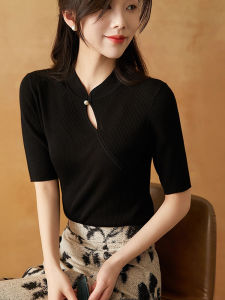New Chinese Style Stand Collar Ice Silk Sweater Summer Retro Slimming Youthful-Looking Bottoming Shirt Elegance Short Sleeve T-shirt Top Women
