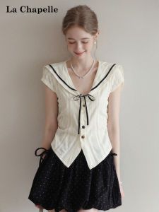 La Chapelle | Navy Collar Short Sleeve Tie Lace Hollow Out Waist Shaping Shirt