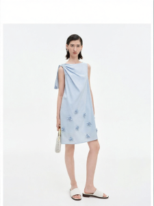 Summer New Lace Up Bead Flower Dress Tencel Cotton Blend